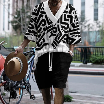 Riolio Summer New Men's Suit Japanese And Korean Style Stripes Color Matching Loose Large Size Casual Men's Clothing Two-piece Set